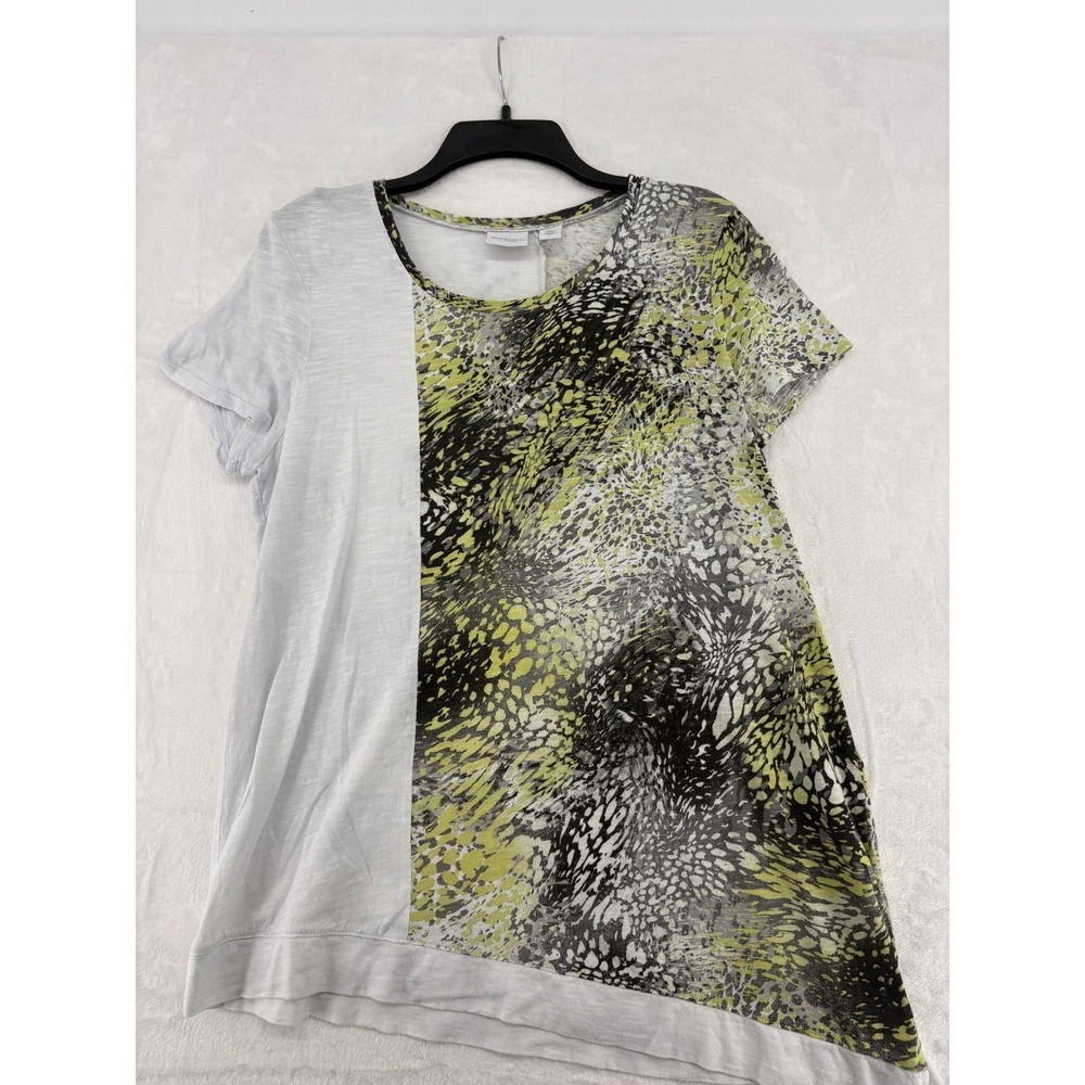 Weekends by Chico's Tee Womens 1 Shirt White Lime Animal Print Asymmetrical Hem